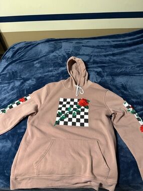 Mauve Hoodie with Checkerboard & Red Rose Graphic